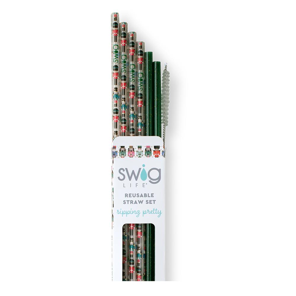 Swig Life Classic Nutcracker + Green Glitter Reusable Straw Set with six straws and cleaning brush - Swig Life