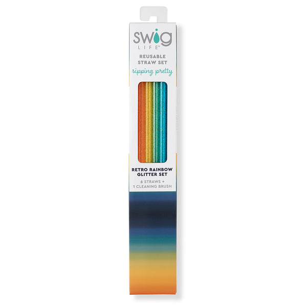 Swig Life Retro Rainbow Glitter Reusable Straw Set inside packaging