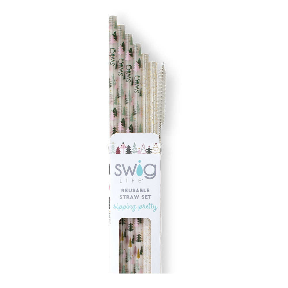 Swig Life Tinseled Trees + Gold Glitter Reusable Straw Set with six straws and cleaning brush - Swig Life