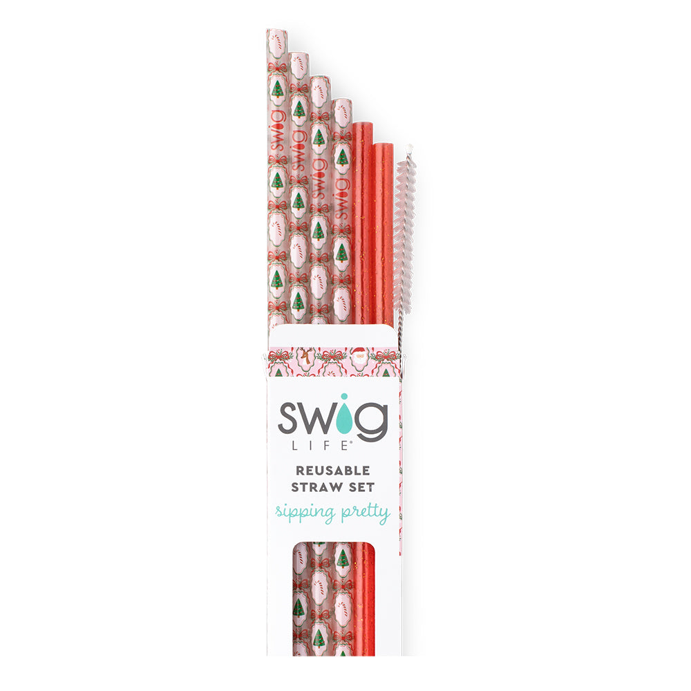 Christmas Cameos + Red Glitter Reusable Straw Set - Swig Life