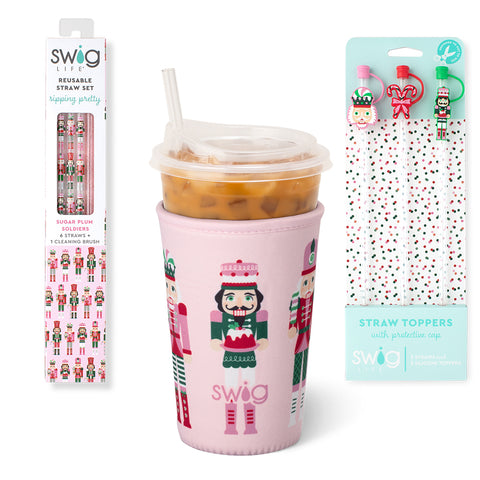 Sugar Plum Soldiers + Light Pink Glitter Reusable Straw Set