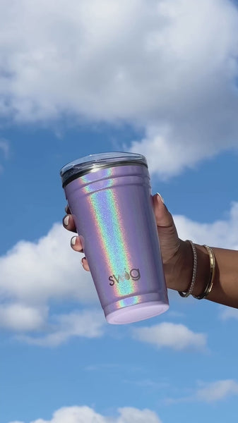 Video showing Swig Life's Pixie iridescent, shimmering print on a multiple drinkware shapes