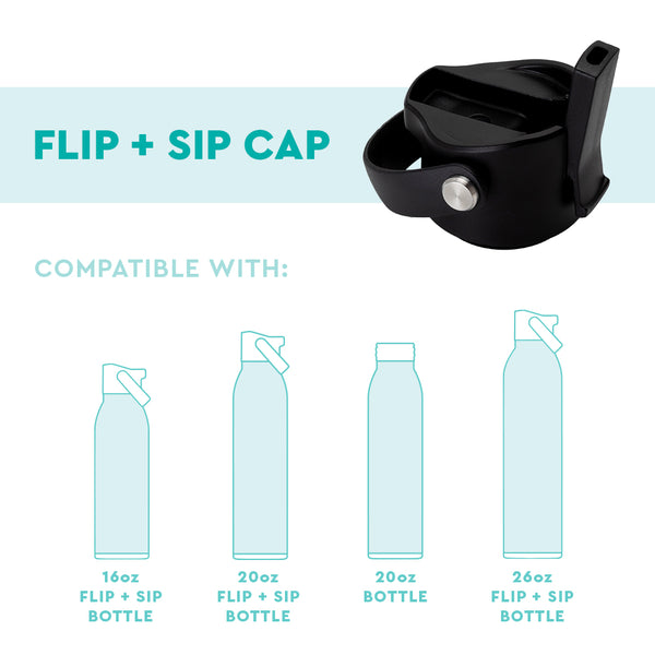 Swig Life Black Flip + Sip Cap for 16oz, 20oz, and 26oz bottle fit guide