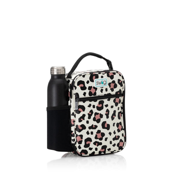 Swig Life Luxy Leopard Insulated Boxxi Lunch Bag with top handle, side pocket, and front zipper pouch