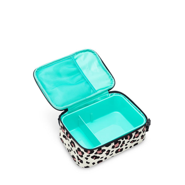 Swig Life Luxy Leopard Boxxi Lunch Bag open view with aqua insulated liner