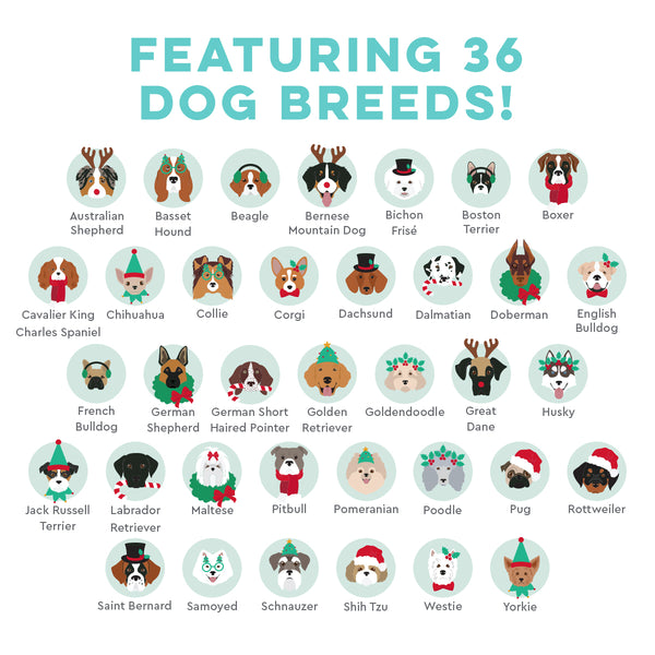Infographic showing 36 dog breeds featured in the Happy Howlidays pattern