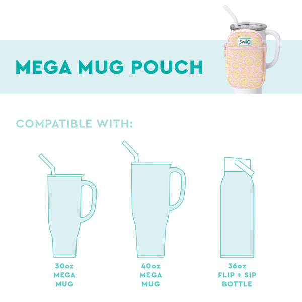 Swig Life Mega Mug Pouch fit guide showing compatible drinkware