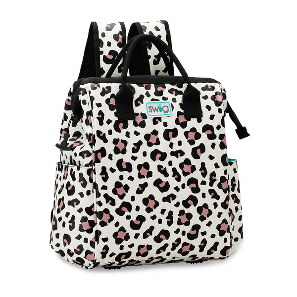 Swig Life Luxy Leopard Insulated Packi Backpack Cooler with zipper enclosure, shoulder straps, and top handle