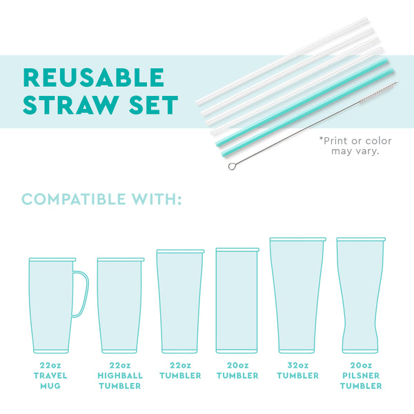 Infographic showing Swig Life Reusable Straw Set and the compatible mugs and tumblers