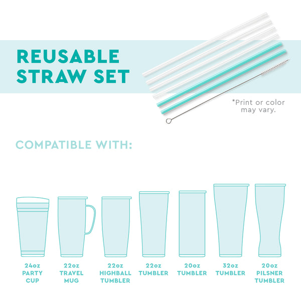 Swig Life Infographic showing Reusable Straw Set and the compatible mugs and tumblers