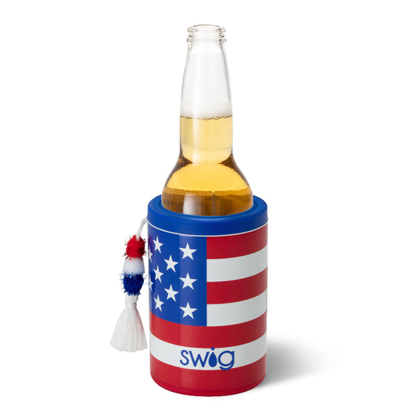 Swig Life 12oz All American Insulated Can + Bottle Cooler shown with a bottle inside