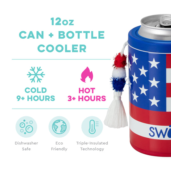 Swig Life 12oz All American Can + Bottle Cooler temperature infographic - cold 9+ hours and hot 3+ hours