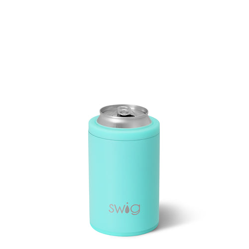 Swig Life 12oz Aqua Insulated Can + Bottle Cooler shown with a can inside