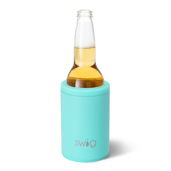 Swig Life 12oz Aqua Insulated Can + Bottle Cooler shown with a bottle inside