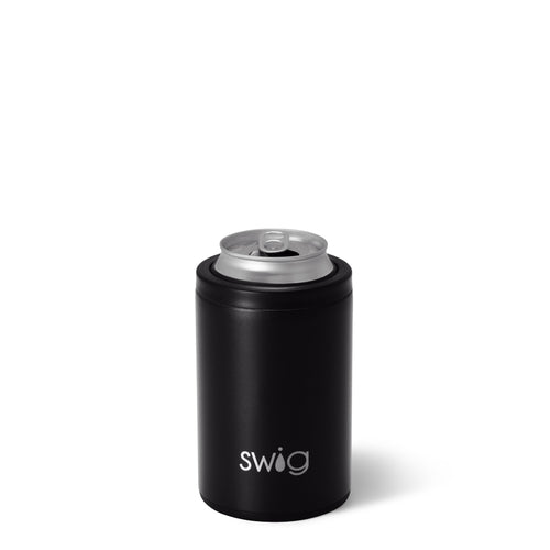 Swig Life 12oz Black Insulated Can + Bottle Cooler shown with a can inside