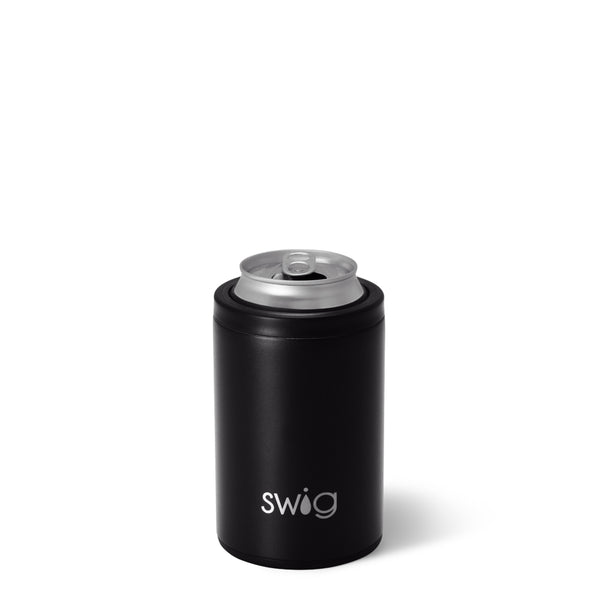 Swig Life 12oz Black Insulated Can + Bottle Cooler shown with a can inside