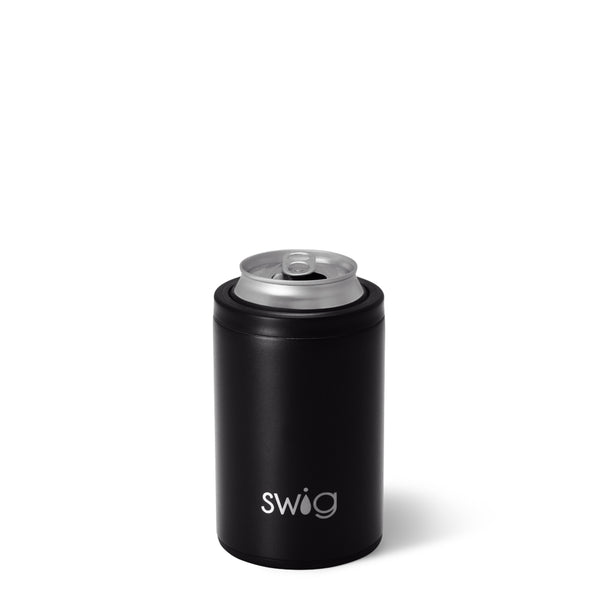 Swig Life 12oz Black Insulated Can + Bottle Cooler shown with a can inside