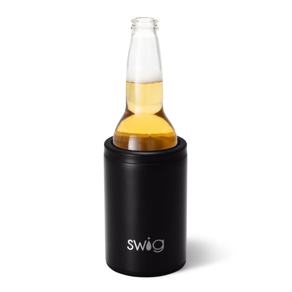 Swig Life 12oz Black Insulated Can + Bottle Cooler shown with a bottle inside