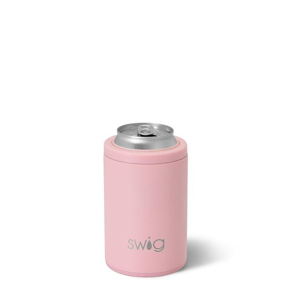 Swig Life 12oz Blush Insulated Can + Bottle Cooler shown with a can inside