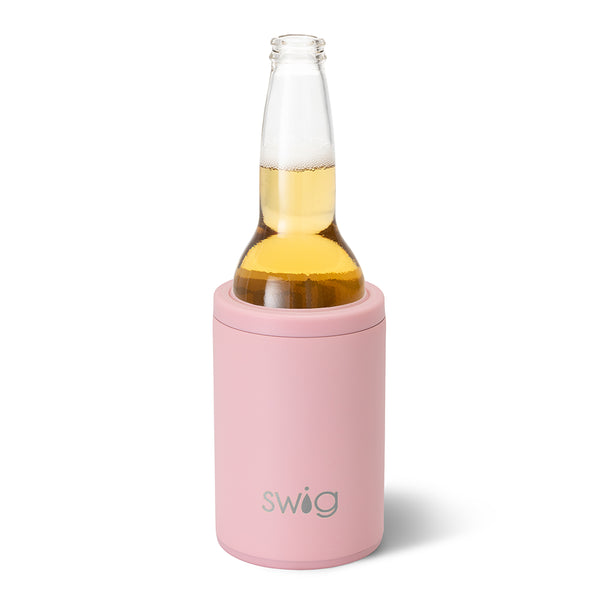 Swig Life 12oz Blush Insulated Can + Bottle Cooler shown with a bottle inside
