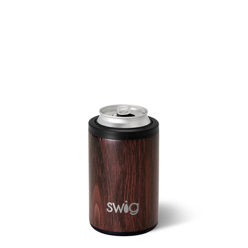 Swig Life 12oz Bourbon Barrel Insulated Can + Bottle Cooler shown with a can inside