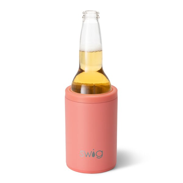 Swig Life 12oz Coral Insulated Can + Bottle Cooler shown with a bottle inside