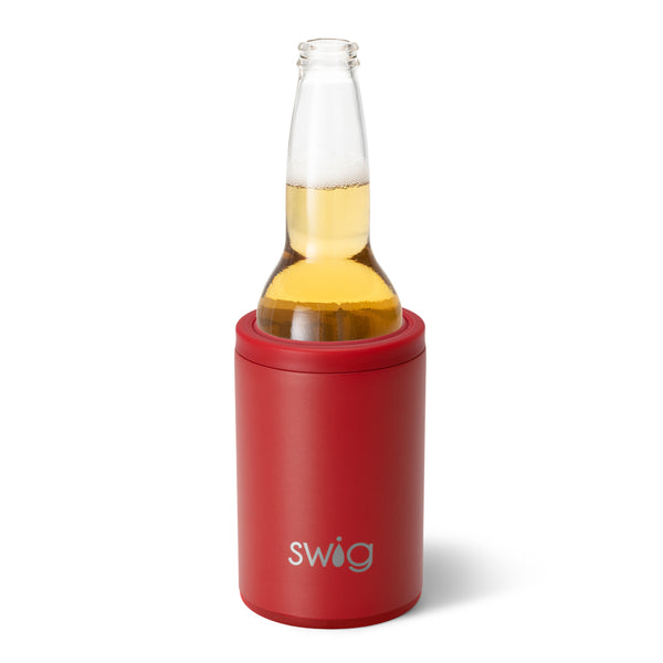 Swig Life 12oz Crimson Insulated Can + Bottle Cooler shown with a bottle inside