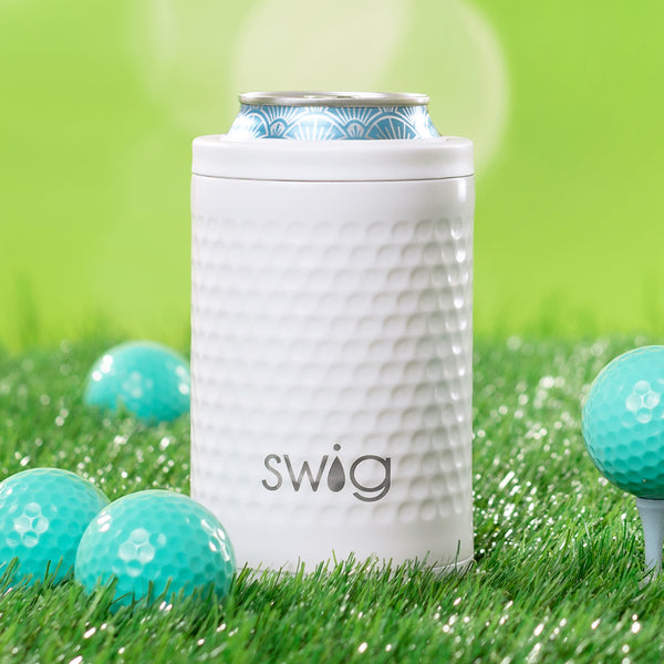 Swig Life 12oz Golf Partee Insulated Can + Bottle Cooler shown on a grassy background with golf balls