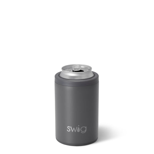 Swig Life 12oz Grey Insulated Can + Bottle Cooler shown with a can inside