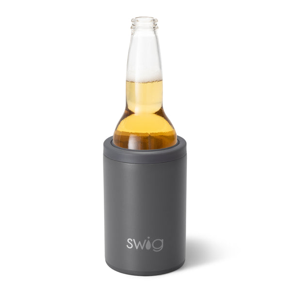 Swig Life 12oz Grey Insulated Can + Bottle Cooler shown with a bottle inside
