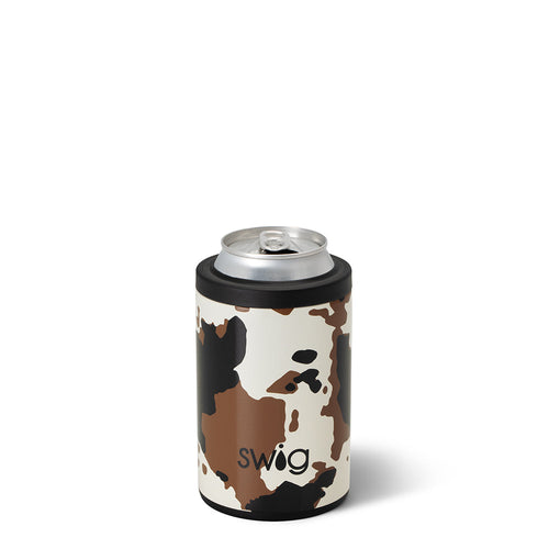 Swig Life 12oz Hayride Cow Print Insulated Can + Bottle Cooler shown with a can inside