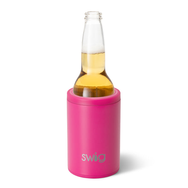 Swig Life 12oz Hot Pink Insulated Can + Bottle Cooler shown with a bottle inside