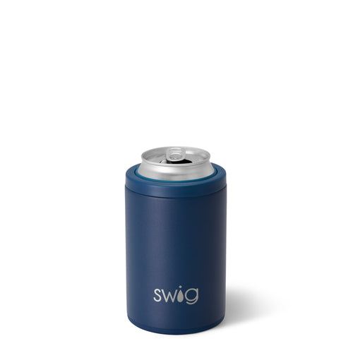 Swig Life 12oz Navy Insulated Can + Bottle Cooler shown with a can inside