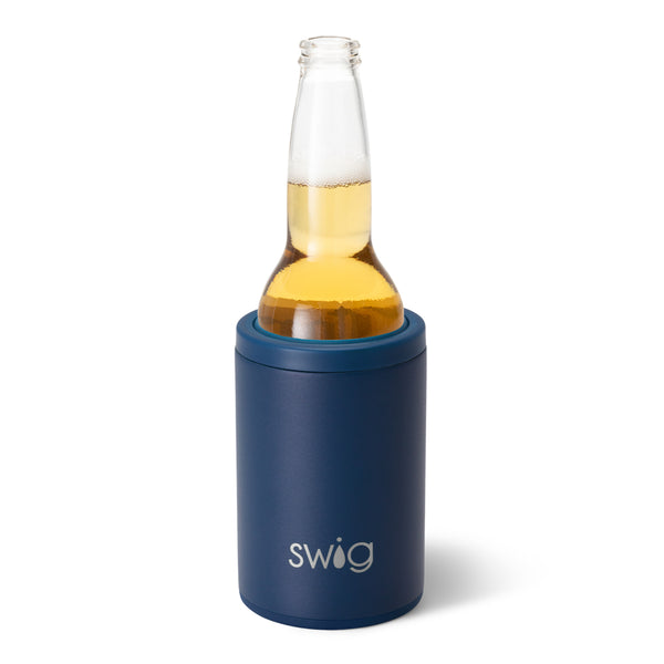 Swig Life 12oz Navy Insulated Can + Bottle Cooler shown with a bottle inside