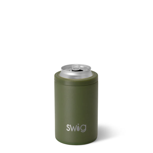 Swig Life 12oz Olive Insulated Can + Bottle Cooler shown with a can inside
