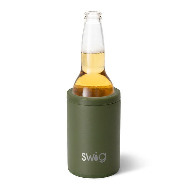 Swig Life 12oz Olive Insulated Can + Bottle Cooler shown with a bottle inside
