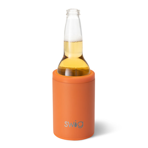 Swig Life 12oz Orange Insulated Can + Bottle Cooler shown with a bottle inside