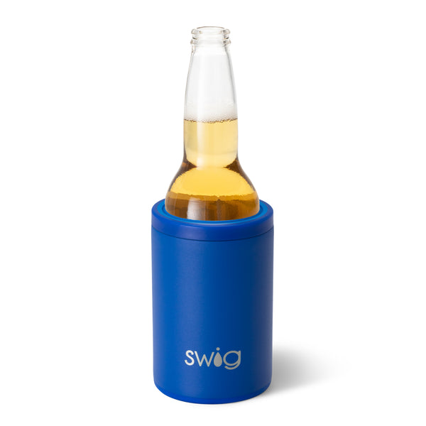 Swig Life 12oz Royal Insulated Can + Bottle Cooler shown with a bottle inside