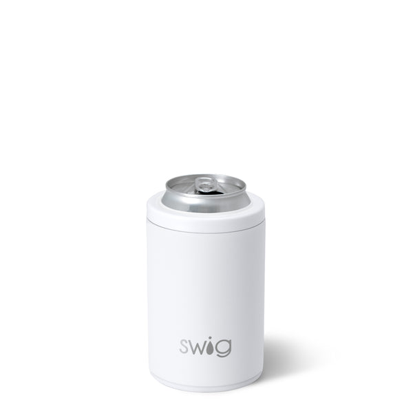 Swig Life 12oz White Insulated Can + Bottle Cooler shown with a can inside