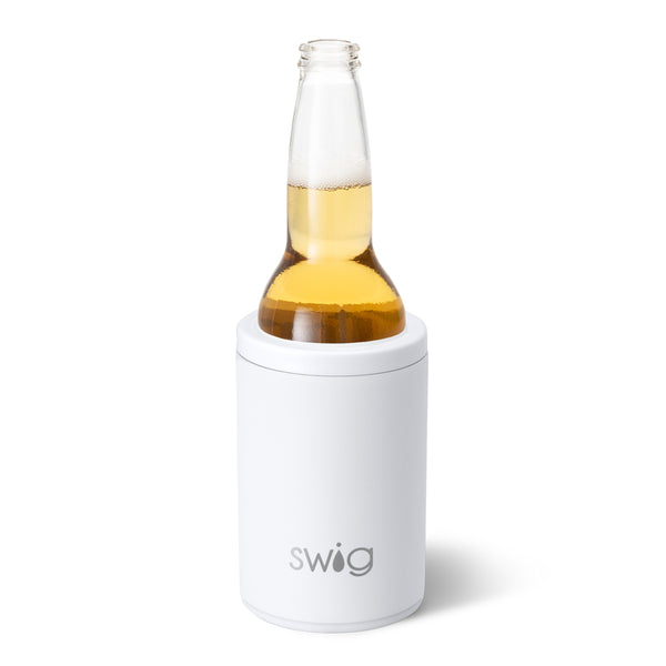 Swig Life 12oz White Insulated Can + Bottle Cooler shown with a bottle inside