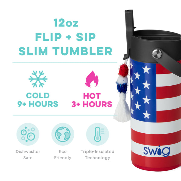 Swig Life 12oz All American Insulated Flip + Sip Tumbler temperature infographic - cold 9+ hours or hot 3+ hours
