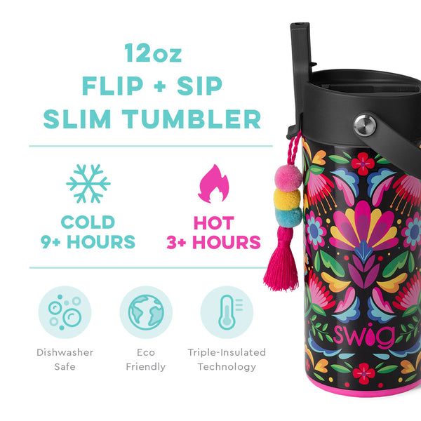 Swig Life 12oz Caliente Insulated Flip + Sip Tumbler temperature infographic - cold 9+ hours or hot 3+ hours