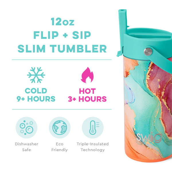 Swig Life 12oz Dreamsicle Insulated Flip + Sip Tumbler temperature infographic - cold 9+ hours or hot 3+ hours