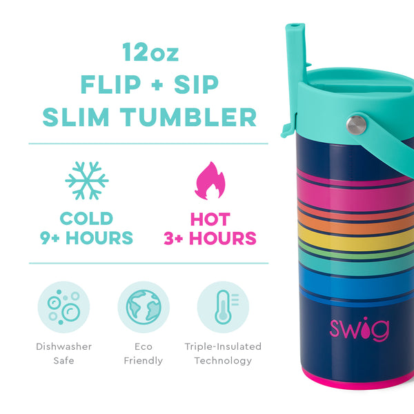 Swig Life 12oz Electric Slide Flip + Sip Slim Tumbler temperature infographic - cold 9+ hours or hot 3+ hours