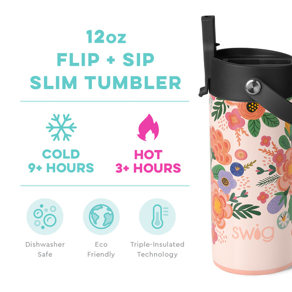 Swig Life 12oz Full Bloom Flip + Sip Slim Tumbler temperature infographic - cold 9+ hours or hot 3+ hours