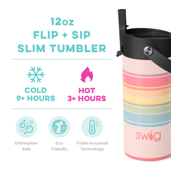 Swig Life 12oz Good Vibrations Flip + Sip Slim Tumbler temperature infographic - cold 9+ hours or hot 3+ hours