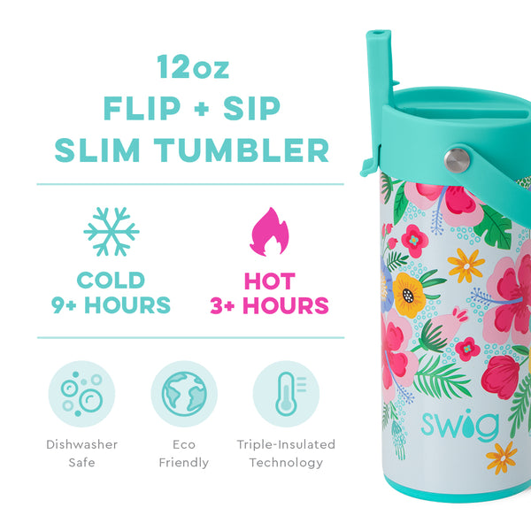 Swig Life 12oz Island Bloom Insulated Flip + Sip Tumbler temperature infographic - cold 9+ hours or hot 3+ hours
