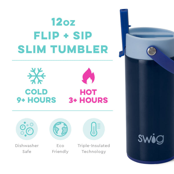 Swig Life 12oz Blue Tide Insulated Flip + Sip Tumbler temperature infographic - cold 9+ hours or hot 3+ hours