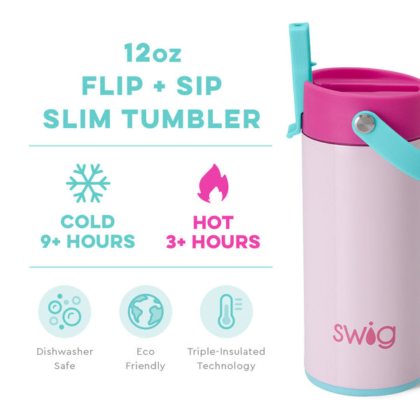 Swig Life 12oz Cotton Candy Insulated Flip + Sip Tumbler temperature infographic - cold 9+ hours or hot 3+ hours