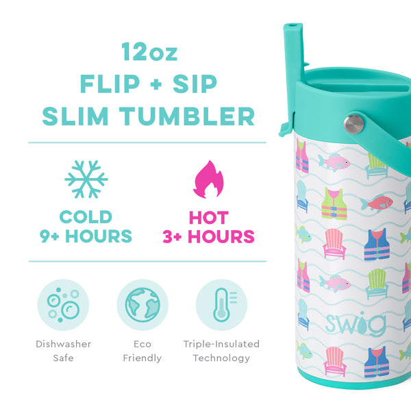 Swig Life 12oz Lake Girl Insulated Flip + Sip Tumbler temperature infographic - cold 9+ hours or hot 3+ hours